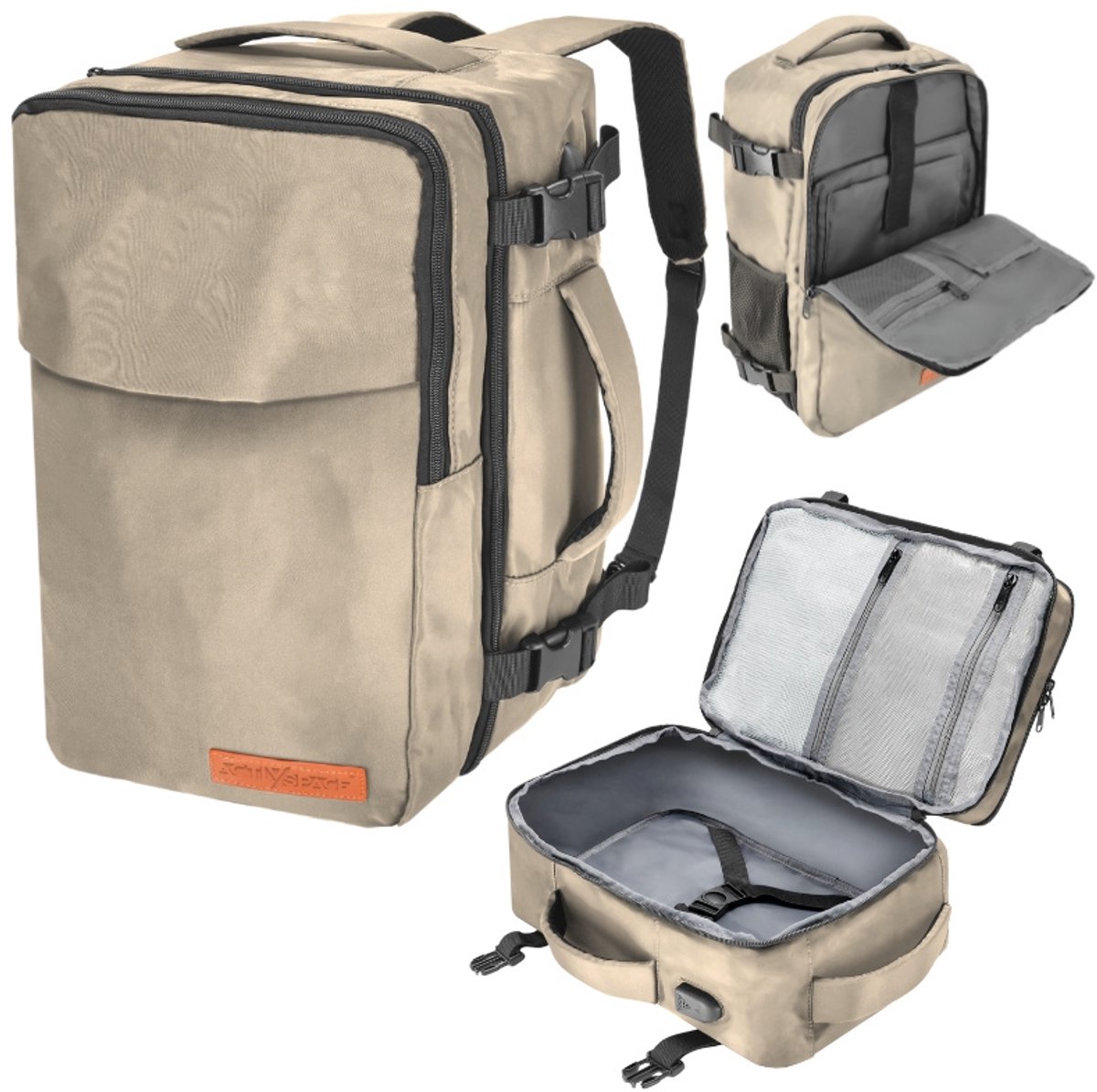 Activ Space - Reisserie - Lichtgewicht Handbagage Rugzak - Beige - USB-poort - Ergonomische Handgreep