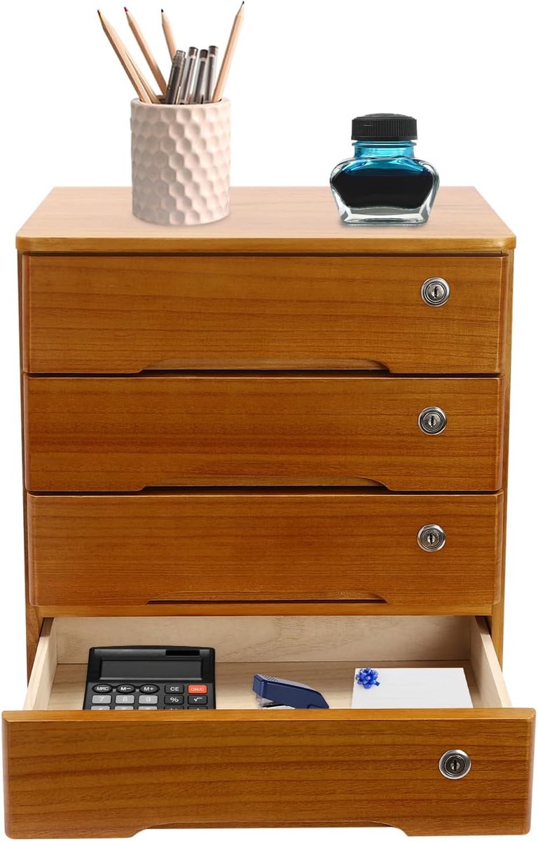 Opbergbox Lades - Bureau Organizer - Kantoor Opslag - Afsluitbare Lade - 40x28x40cm - Hout Geel