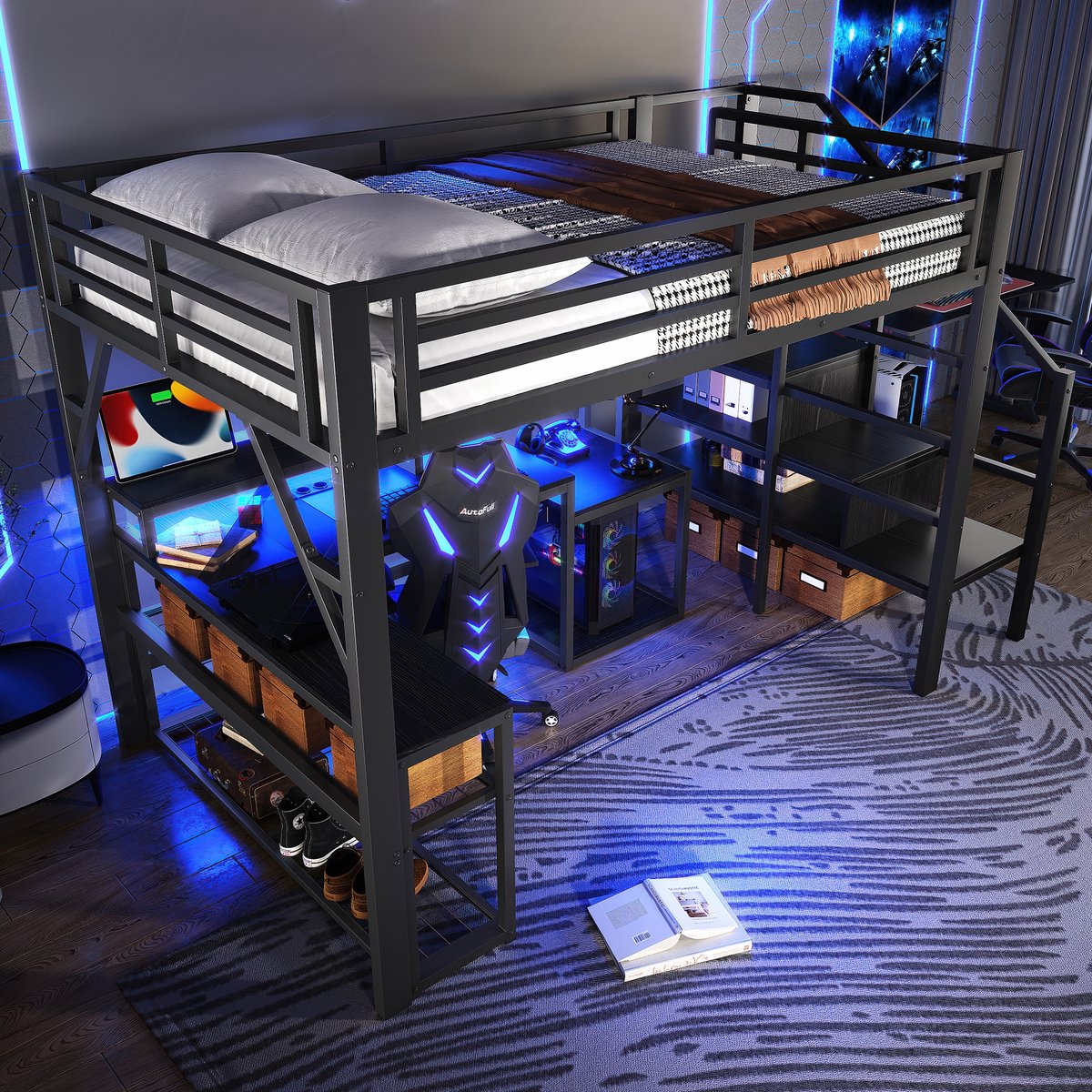 MODENUIT Hoogslaper 140x200 cm – Met Bureau, Usb en Led – Trap met Opbergruimte – Zonder matras – Metaal – Zwart