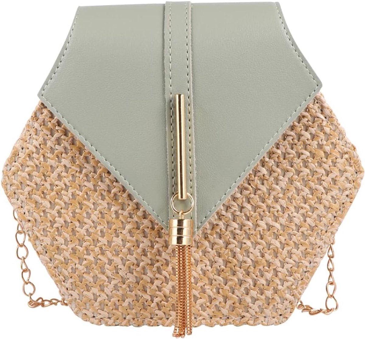 Stro Tas - Schoudertas Ketting - Reizen Winkelen - Pompon Decoratie - 21 x 19 x 6 cm - Groen