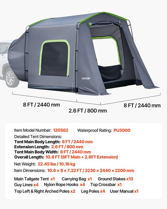 VEVOR Achterkleptent, Autotent voor 5-9 Personen, 323 X 244 X 220 cm, Waterdicht (Pu3000 mm) Kampeertent met Geventileerde Deuren En Muggennetten, Suv-Achterkleptent voor Kamperen, Wandelen En Andere Buitenactiviteiten van Vevor — afbeelding 3
