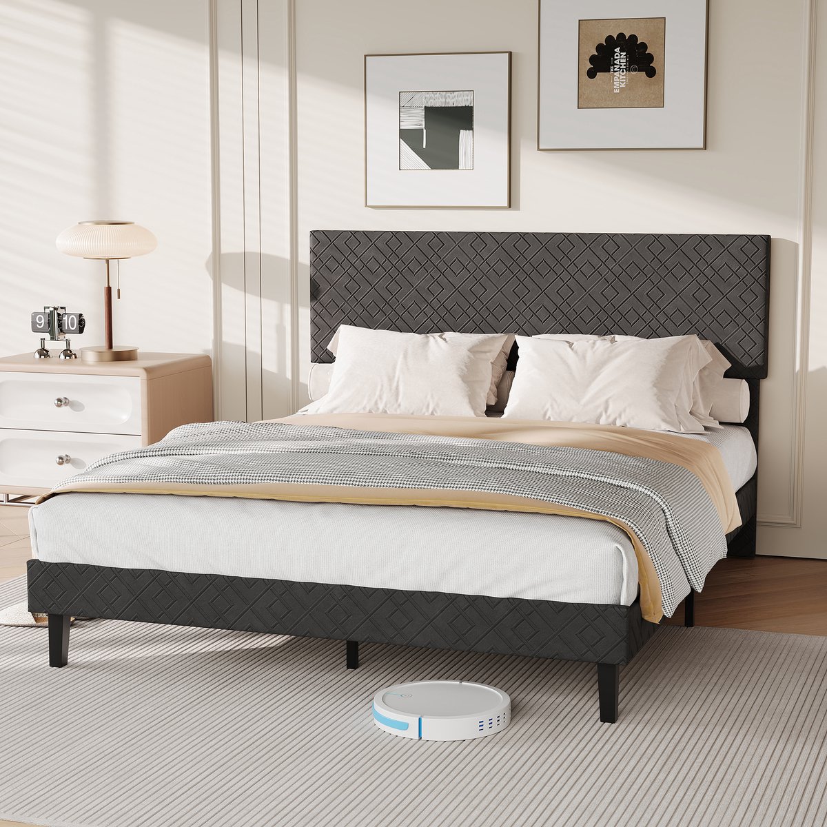 SHOPENTRA Modern Tweepersoonsbed 160x200 cm – Zacht Linnen Bed met Geometrisch Hoofdbord – Stevig Frame en Comfortabel Design grijs