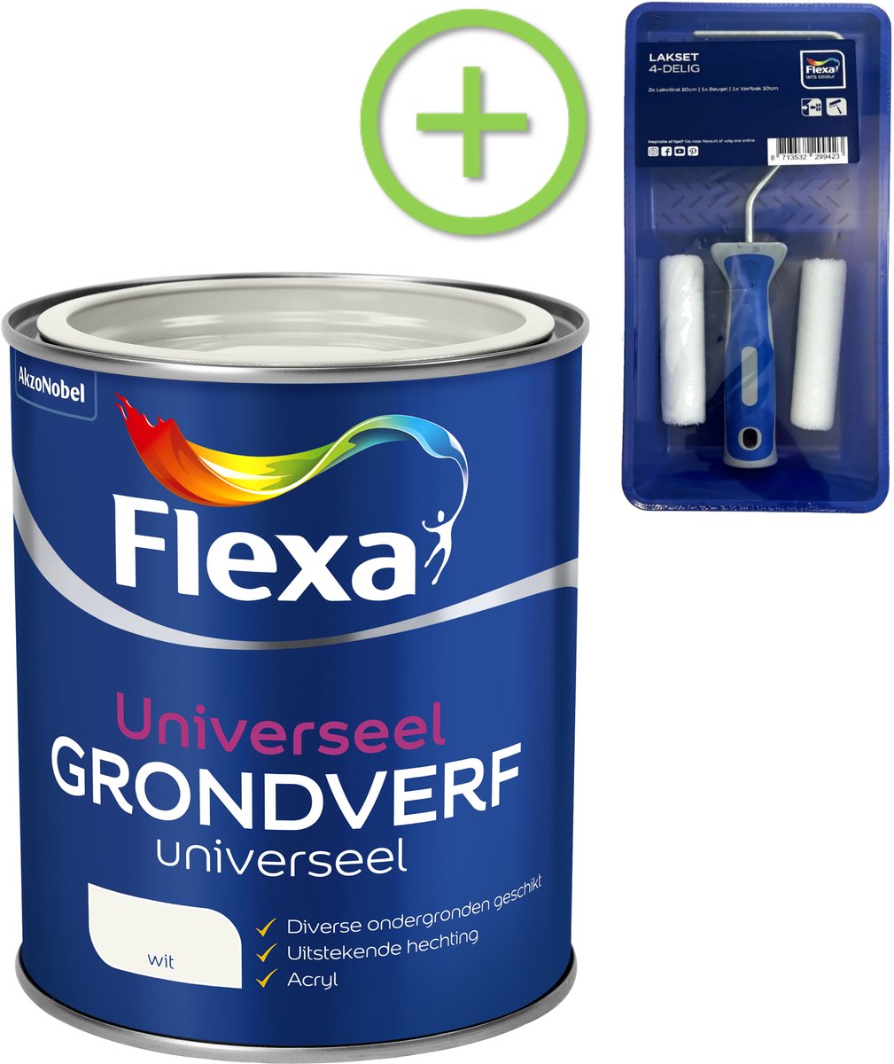 Flexa - Grondverf Universeel - Wit - 750 Ml + Gratis Flexa Lakset 4-Delig