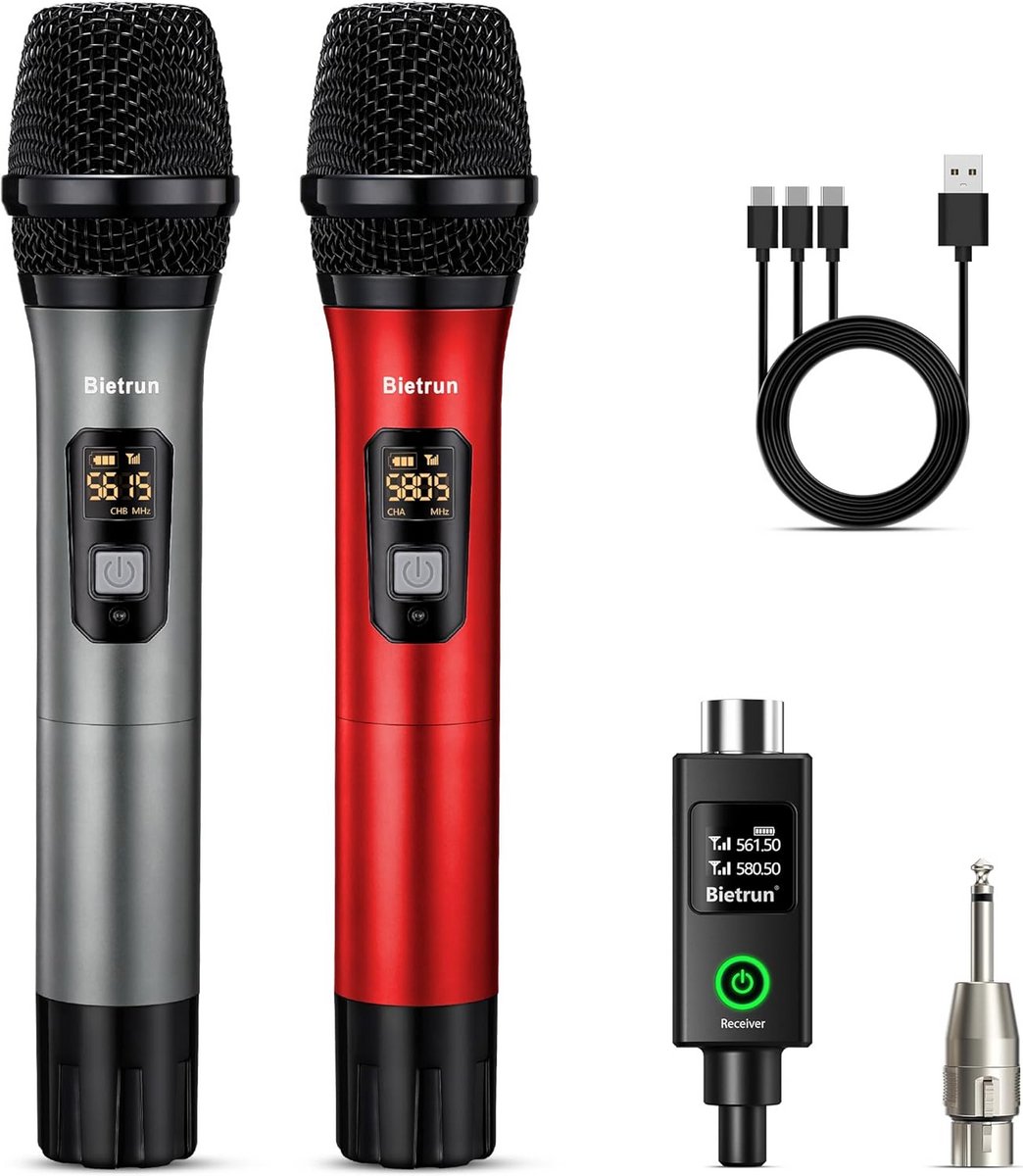Draadloos Dubbel Handmicrofoon Systeem UHF - Oplaadbare XLR Ontvanger - 45 Meter Bereik voor Optredens en Feest