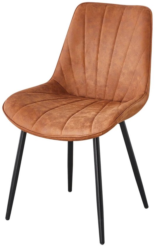 Chaise de salle à manger en microfibre couleur cognac avec surpiqûres verticales, sur pieds en métal noir.