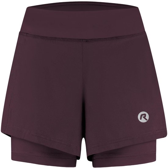 Dames hardloopshort, auberginekleurig, met ingebouwde legging en logo op de zijkant.