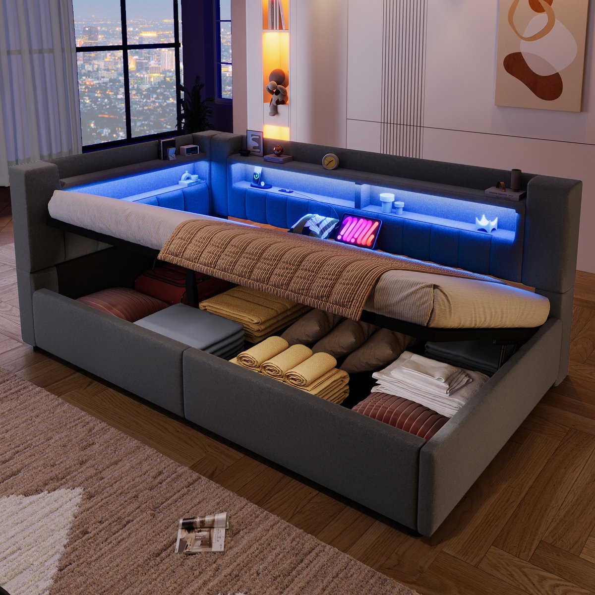 Slaapbank 90 x 200 cm - met opbergruimte - met USB-C oplaadfunctie - LED-verlichting - zonder matras - grijs