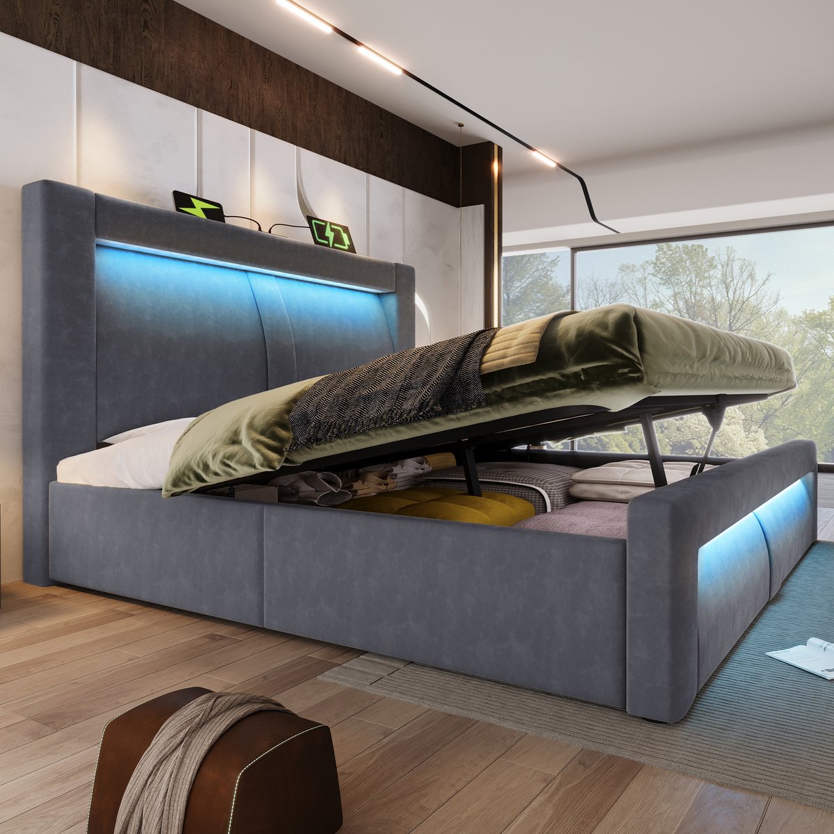 MODFU Bedframe 180x200 cm, fluweel grijs, met opbergruimte, LED en USB/Type-C