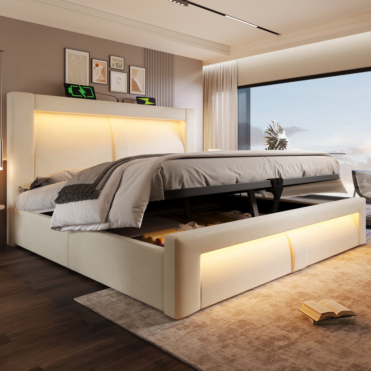 MODFU Bedframe 160x200 cm, gestoffeerd fluweel, met opbergruimte, LED en USB/Type-C, beige