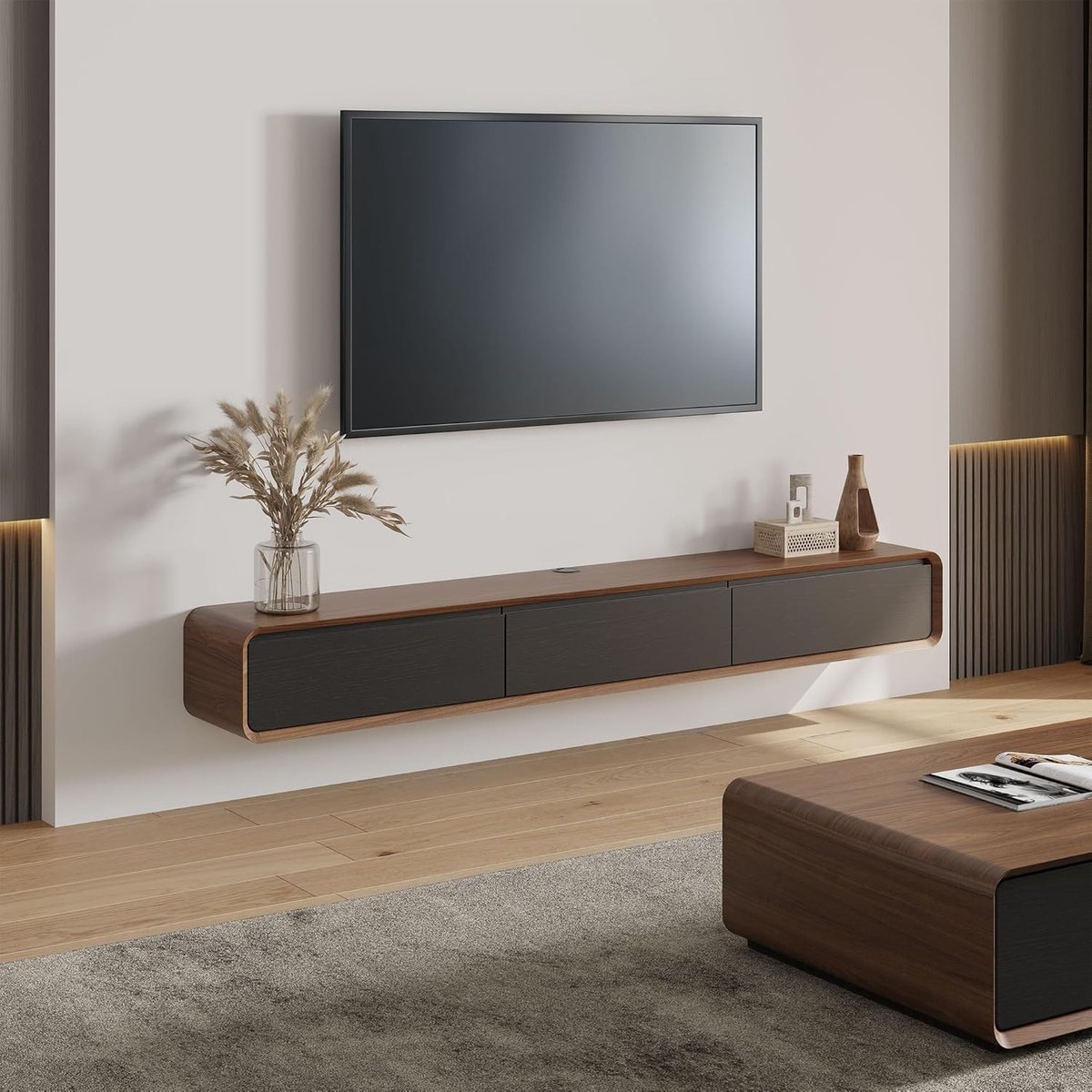 Zwevend TV-meubel 200 cm Modern Zwart en Walnoothout | 3 Laden Hangend TV-meubel met Kabelmanagement en Grote Opbergruimte – Robuust en Duurzaam | Abkantoor