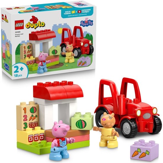 LEGO Duplo Peppa Pig tractor met marktkraam, Peppa en George, met genummerde blokken.