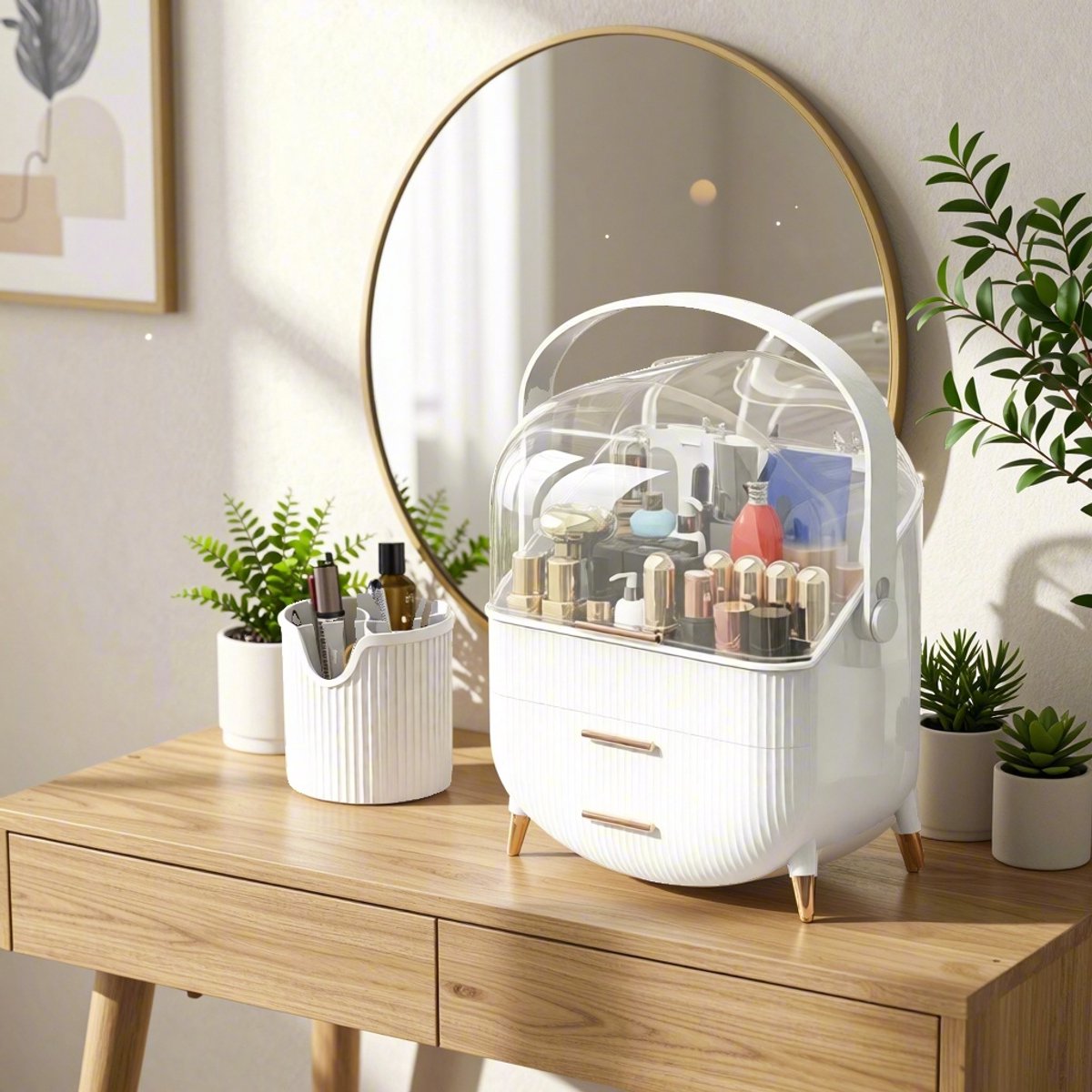 Glitzerlife - Multifunctionele Make-upkoffer Cosmetica Opbergdoos Organizer - Stofdicht Acryl - 3 Laags voor Huidverzorgingsproducten en Sieraden - Werkblad - Wit