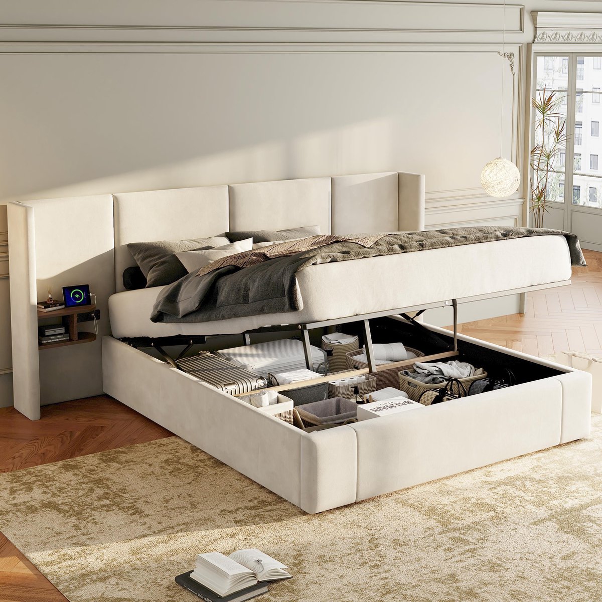 HAUSS SPOLE Gestoffeerd Bed 160x200cm - Met Hydraulische Opbergruimte En 2 Nachtkastjes -