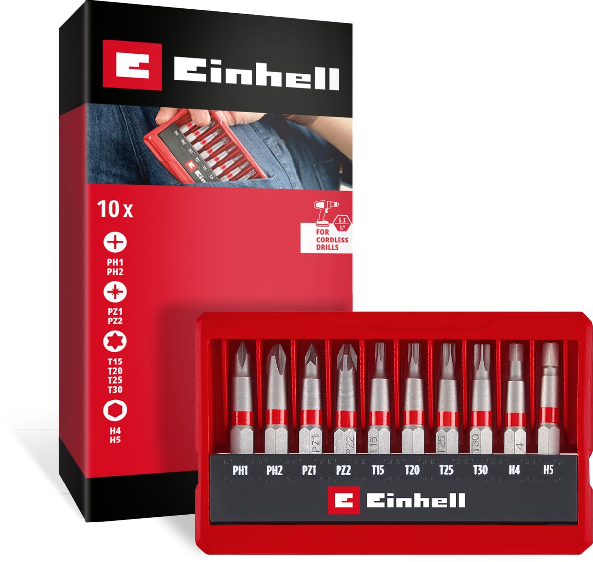Einhell 10-delige bitset (50 mm bits PH/PZ/T/H, gezandstraald S2-staal, E 6.3 schacht, etui met standaardfunctie)