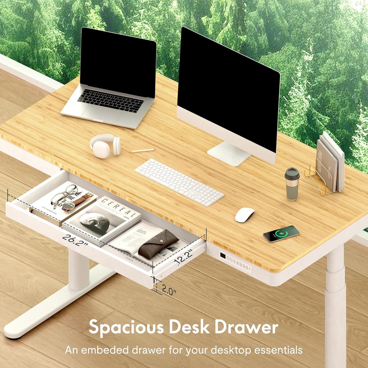 Electric Desk 140x70 cm – Height Adjustable with Double Motor, Wireless Charging, Drawer & Cable Management, Bamboo Top with White Frame – Ergonomic & Smart Control – ABKantoor