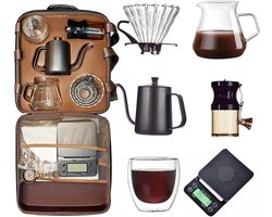 8‑in‑1 Complete Koffieset – Handmatige Molen, Glazen Dripper, Schenkwaterkoker, Weegschaal & Accessoires – Ideaal voor Kamperen & Reizen