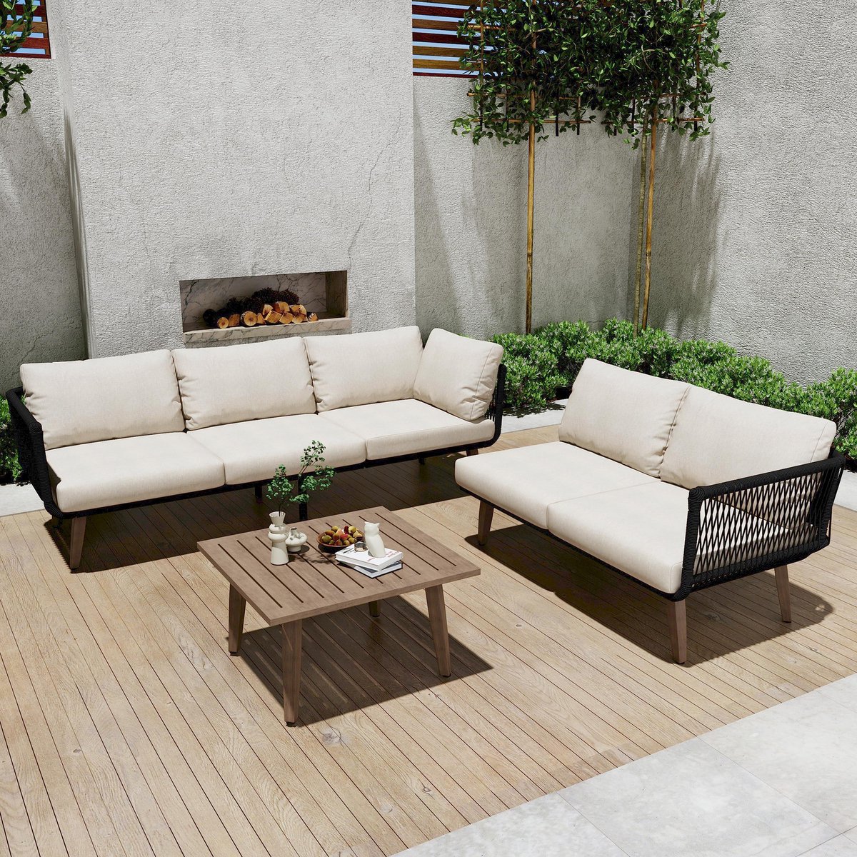 HAUSS SPOLE Tuinmeubelset Sofa Met Salontafel - UV Bestendig Olefin - Stabiel Touwvlechtwerk - Voor Tuin En Terras - Beige Zwart