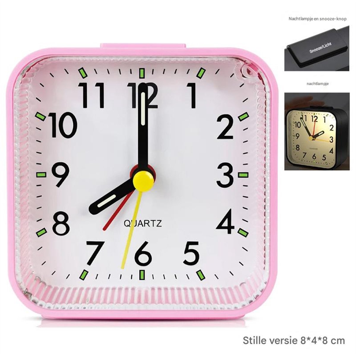 Ynkkvre -Stille Analoge Wekker – Zonder Tikkend Geluid – Snooze & Nachtlicht – Compacte Reisklok – Glow-in-the-Dark Cijfers - roze