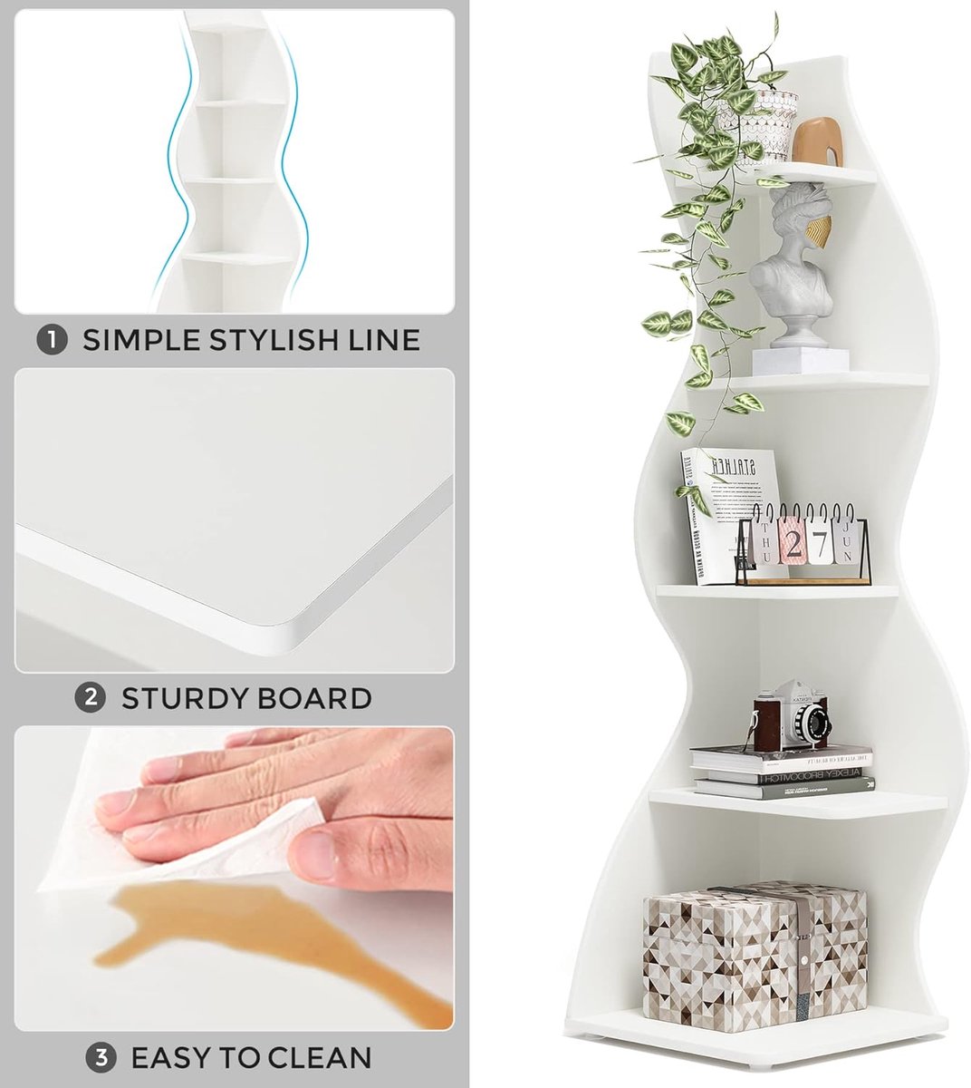 Hoekboekenkast 5 Niveaus – Casa Velluto Modern Opbergrek & Boekenplank – Plantenstandaard en Organizer voor Woonkamer, Keuken en Thuiskantoor – 48 x 48 x 178 cm – Wit, Industrieel & Rustiek Design