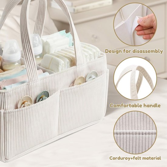 Luiertas - luier organizer - Luieropbergmand - luier opberger - Grote opbergmand voor baby's - Geschikt voor het opbergen van luiers, billendoekjes, flesjes en speelgoed - 36*20*18 cm - Gebroken wit van Merkloos — afbeelding 4