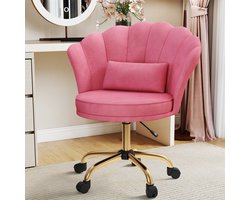 Fluwelen Bureaustoel met Wieltjes – Velours Make-up Stoel Verstelbaar & Draaibaar met Gouden Onderstel – Kaptafelstoel voor Slaapkamer, Thuiswerkplek en Salon,Roze