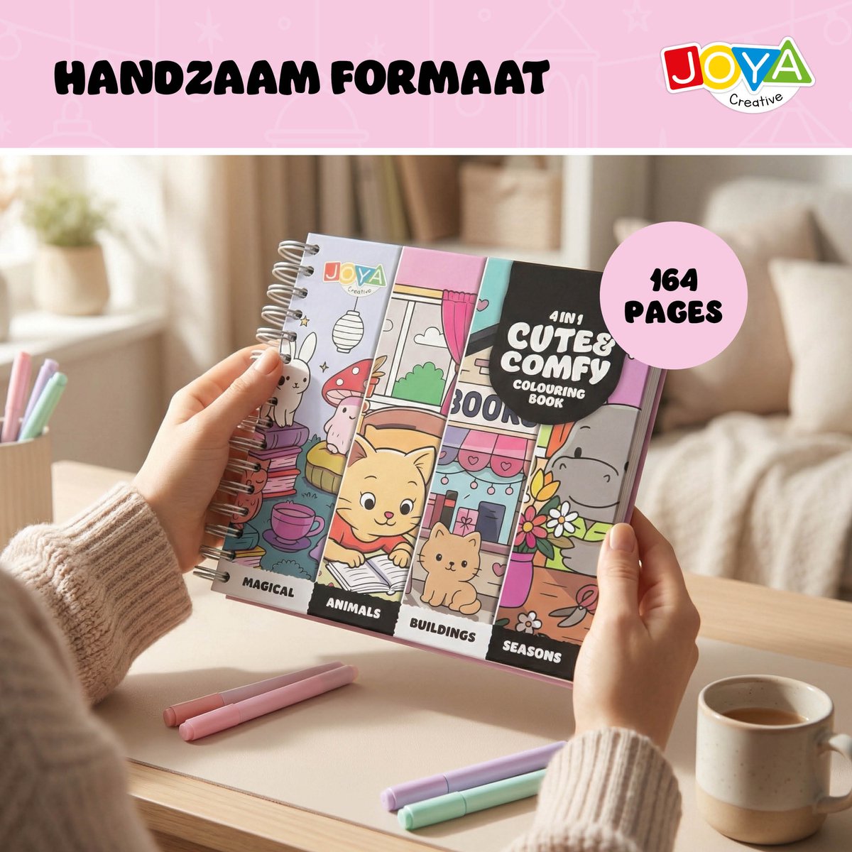 Cozy Cuties Kleurboek voor Volwassenen en Kinderen - Cozy Coloring Book 164 Pagina's - 4 Thema's - Ringband - 20x20 cm - Joya Creative — afbeelding 9