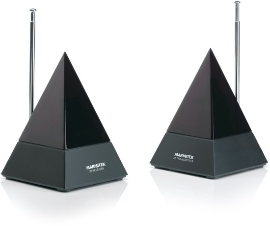 Twee zwarte piramidevormige infrarood zender en ontvanger met antenne.