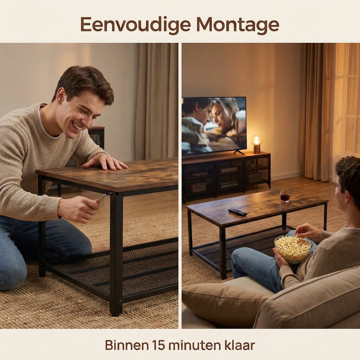 IvoQ Industriële Salontafel Rechthoekig - Vintage Houtlook & Staal - 2 Lagen - Met
