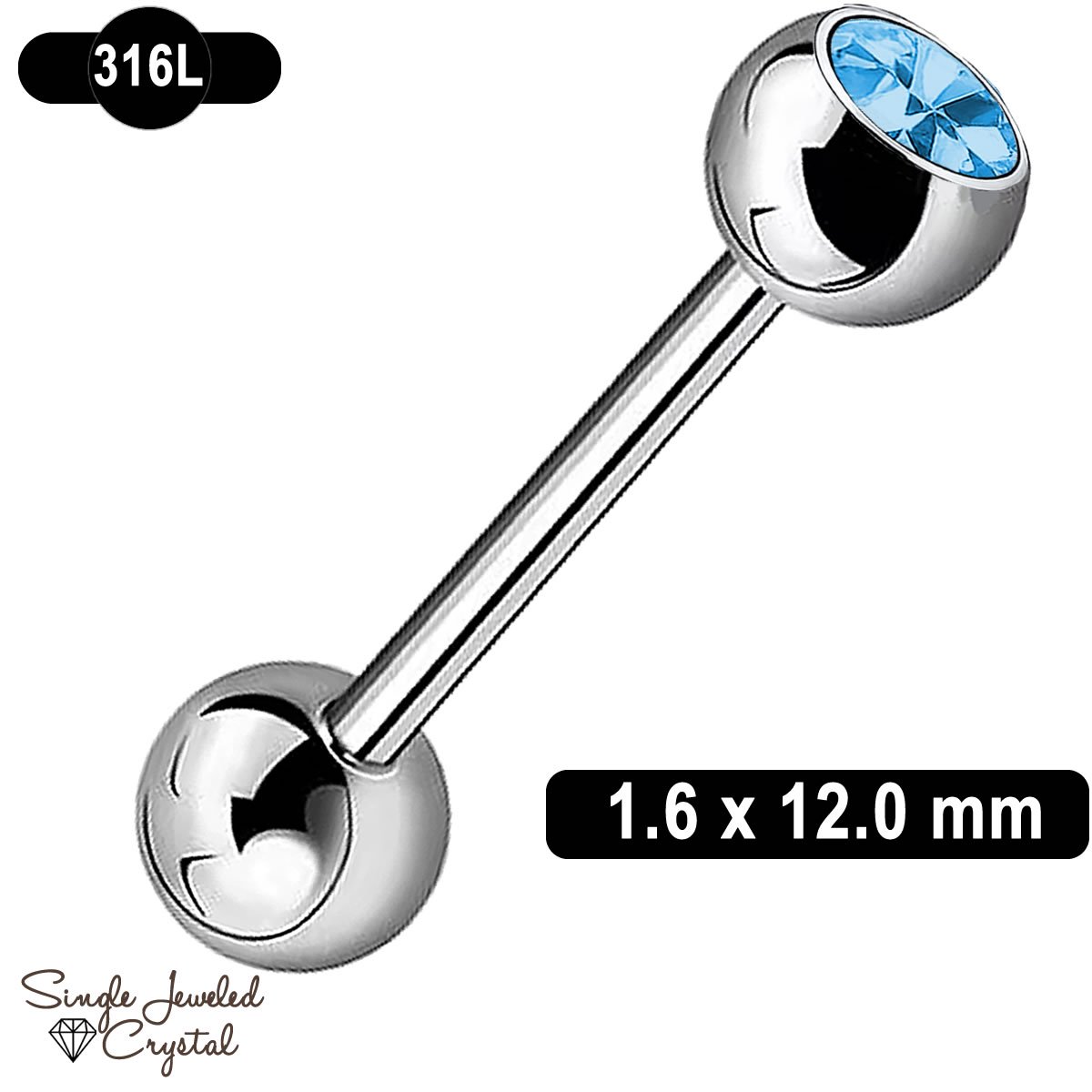 Tongpiercing - 1.6 x 12 mm - 316L Chirurgisch Staal - Barbell - Kristal - Aqua -Licht Blauw