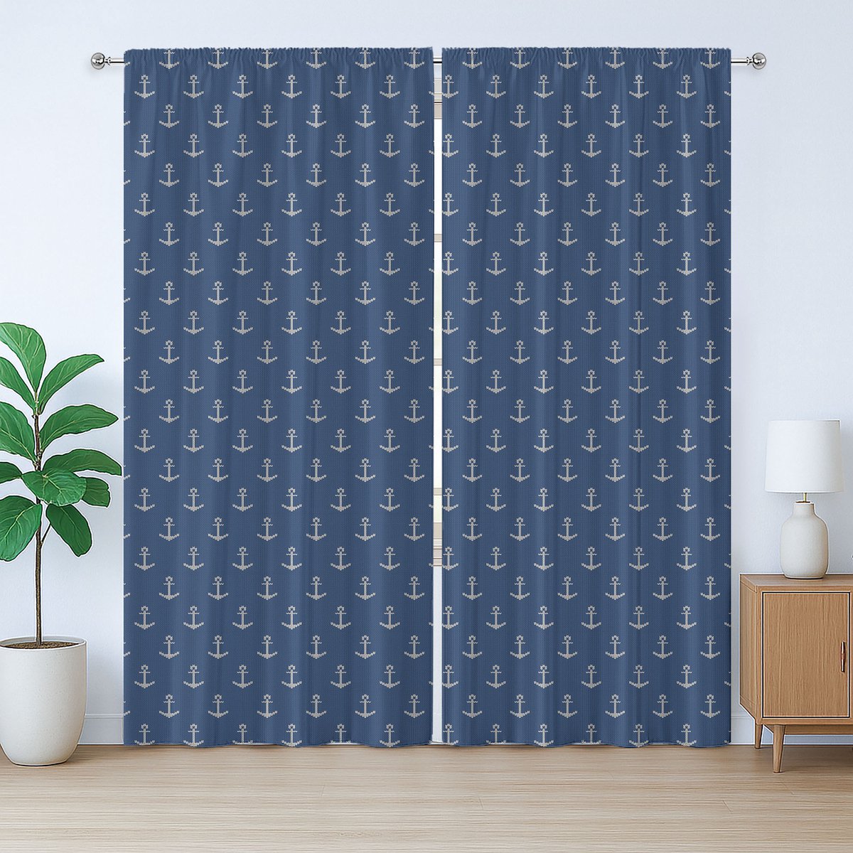 ABAKUHAUS Anker Rustiek Gordijn, Scandinavische Winter Hipster, Slaapkamergordijn met Plisséband, Lussen en Haken, 280 x 245 cm, Blauw Wit