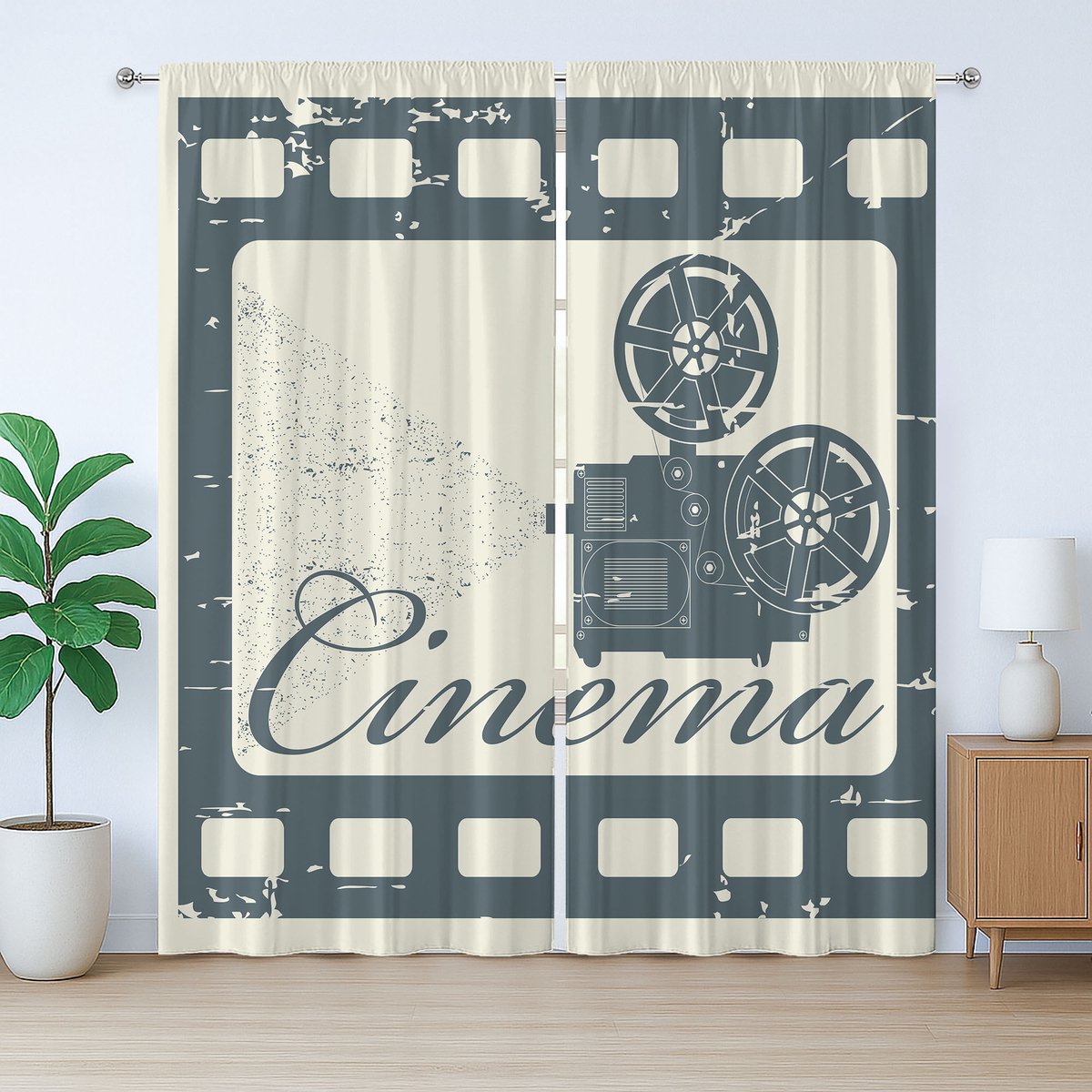 ABAKUHAUS Rustiek bioscoopgordijn, grunge posterkunst, universeel wandgordijn met lussen en haken voor de woonkamer, 280 x 175 cm, blauwgrijs beige