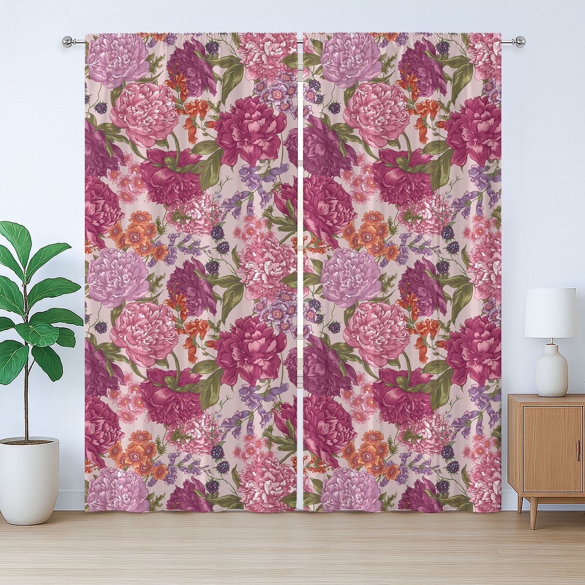 ABAKUHAUS Shabby Chic Rustiek Gordijn, Wilde Flora Vintage, met Bandjes, Lussen en Haken voor de Woonkamer, 280 x 245 cm, Paars Roze Groen