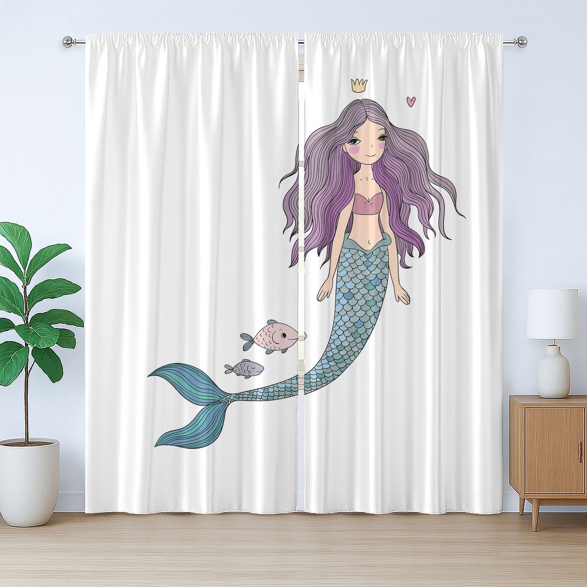 ABAKUHAUS Rustiek kindergordijn, cartoon zeemeerminprinses, slaapkamergordijn met plooiband, lussen en haken, 280 x 245 cm, violetblauw en beige