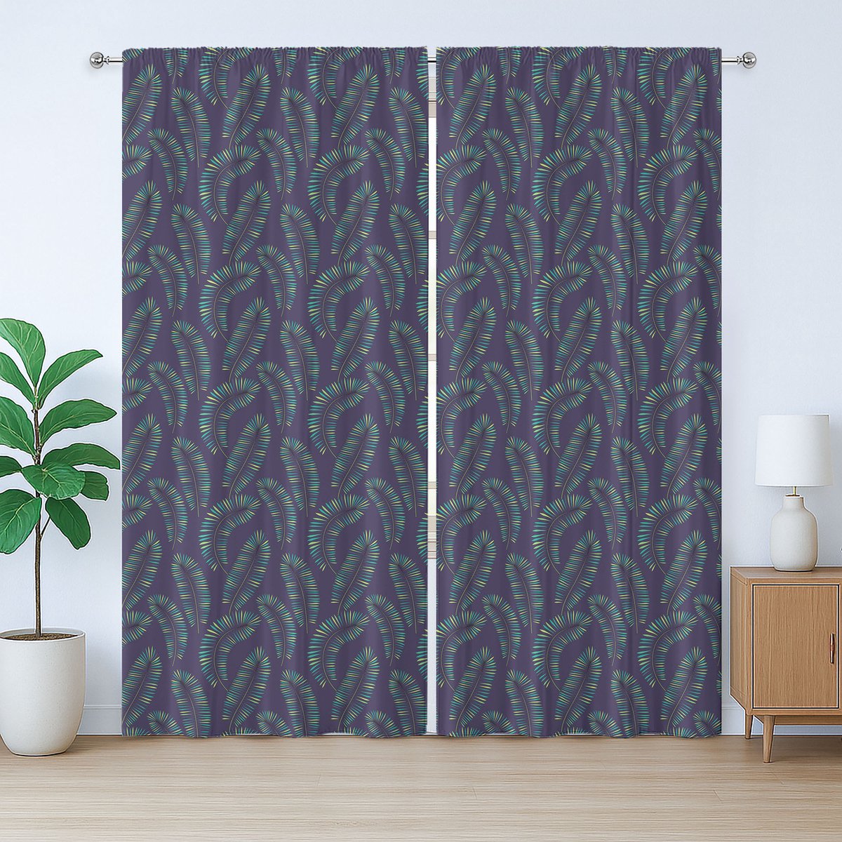 ABAKUHAUS Tropisch rustiek gordijn, botanisch ecologisch bladpatroon, Gordijn met plooien, lussen en haken, 280 x 175 cm, pruimgroenblauwgroen