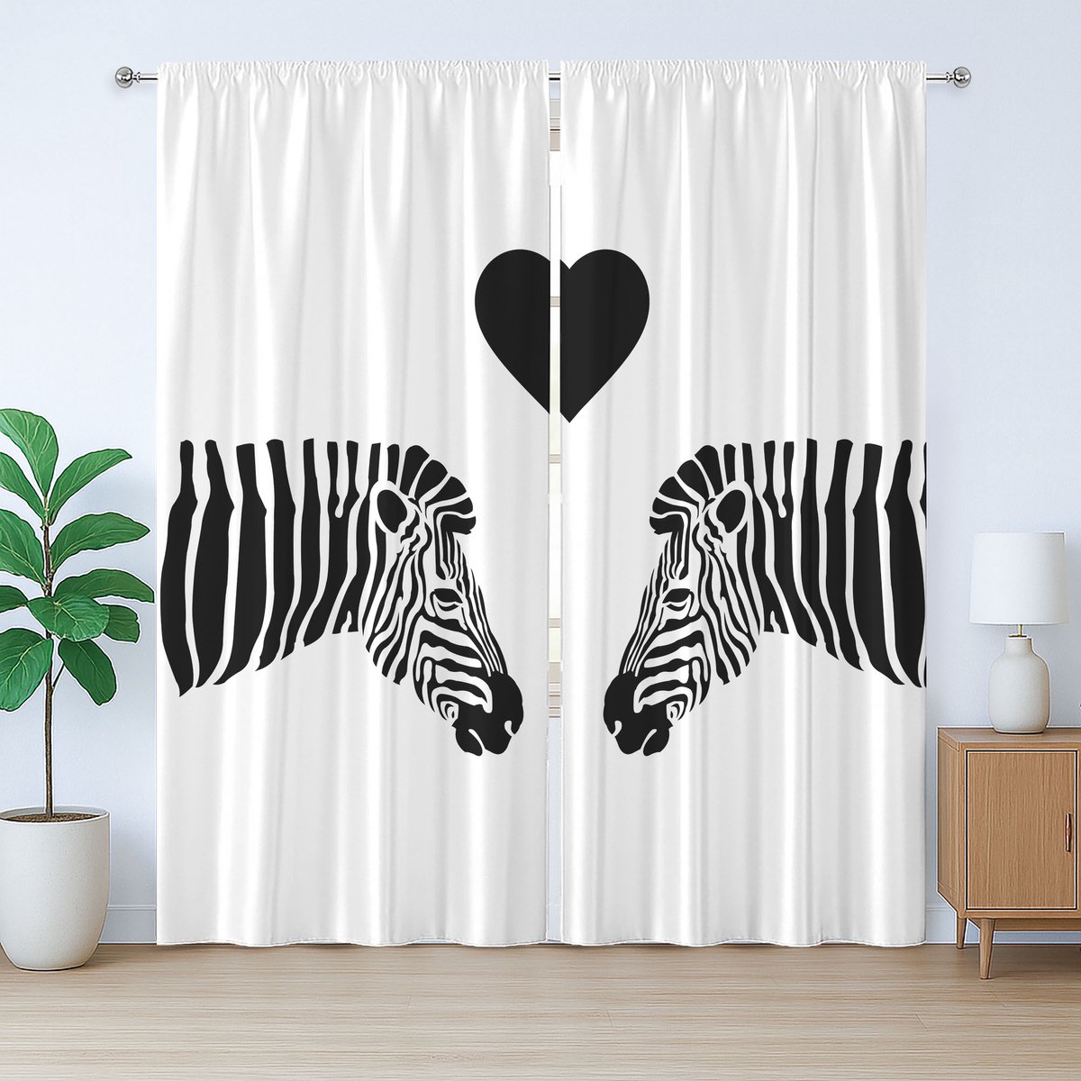 ABAKUHAUS Safari Rustiek Gordijn, Romantisch Patroon met 2 Zebra's, Gordijn met Plooiing, Lusjes en Haken , 280 x 260 cm, Houtskoolgrijs en Wit