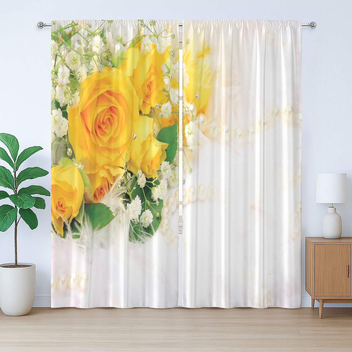 ABAKUHAUS Geel Rustiek Gordijn, Boeket van Romantische Bloemen, met Bandjes met Lussen en Haken, 280 x 245 cm, Varen Groen Geel Parelmoer