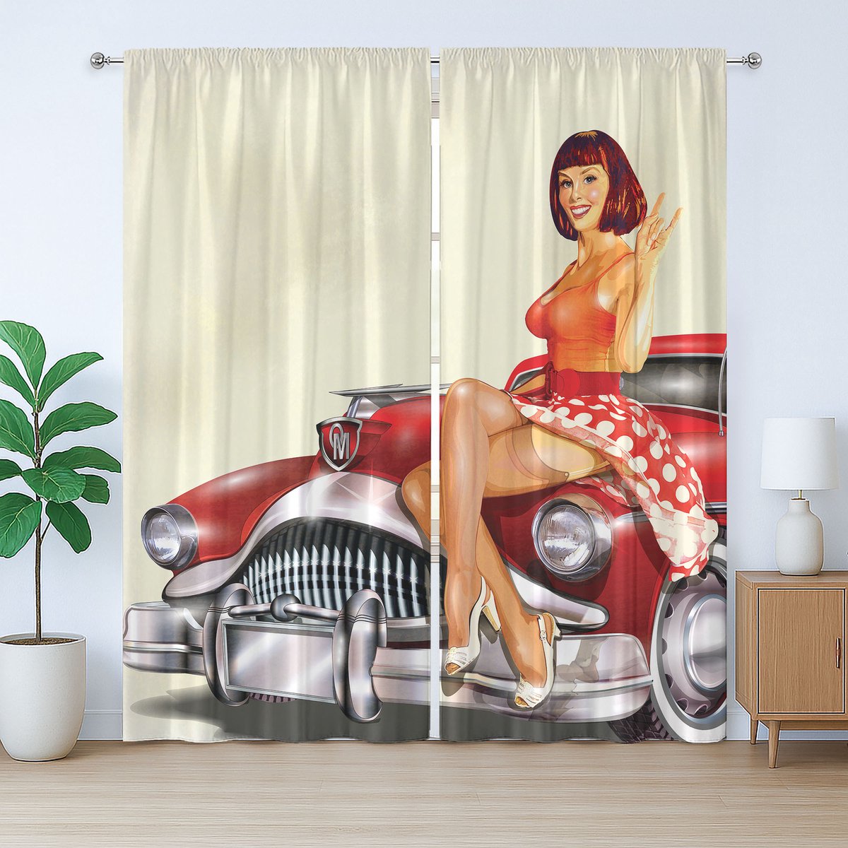 ABAKUHAUS Pin-up rustiek gordijn, klassieke retro auto, met lussen en haken voor de woonkamer, 280 x 245 cm, roodbeige