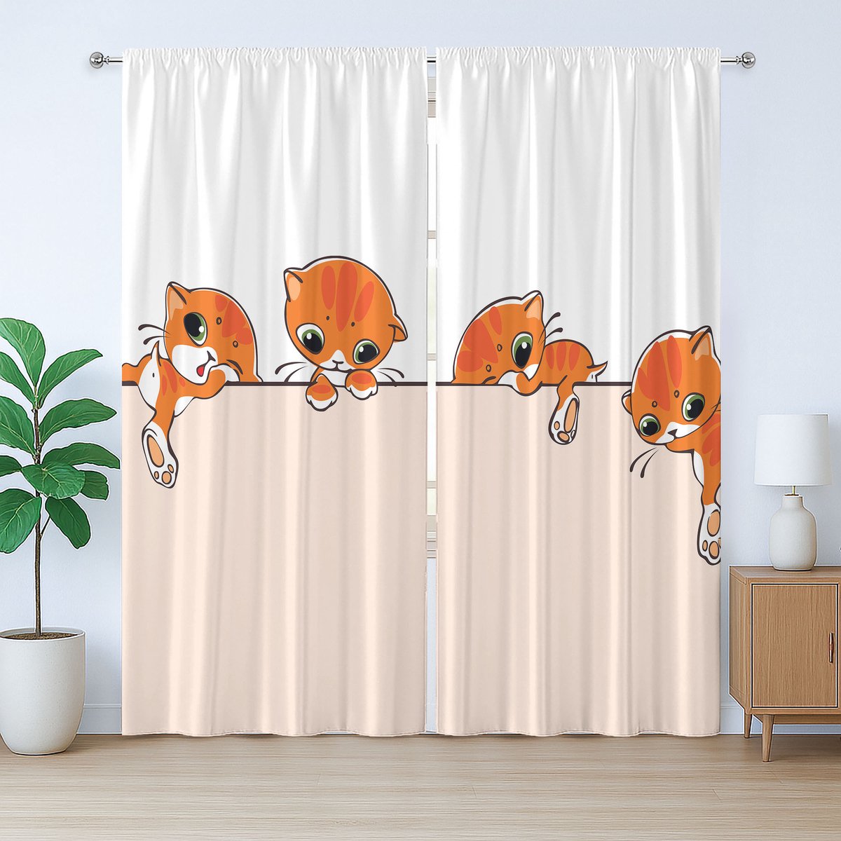 ABAKUHAUS Rustiek kattengordijn, banner met kleine kittens, universeel wandgordijn met lussen en haken , 280 x 225 cm, Oranje Crème Wit