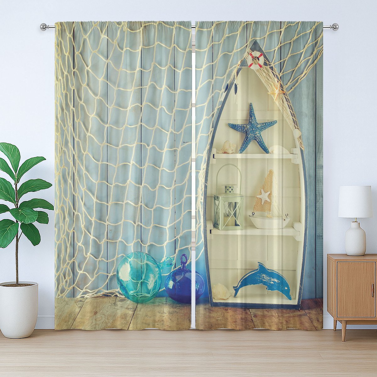 ABAKUHAUS Nautisch rustiek gordijn, waterdieren en boten, slaapkamergordijn met plooien, lussen en haken, 280 x 245 cm, beige blauw