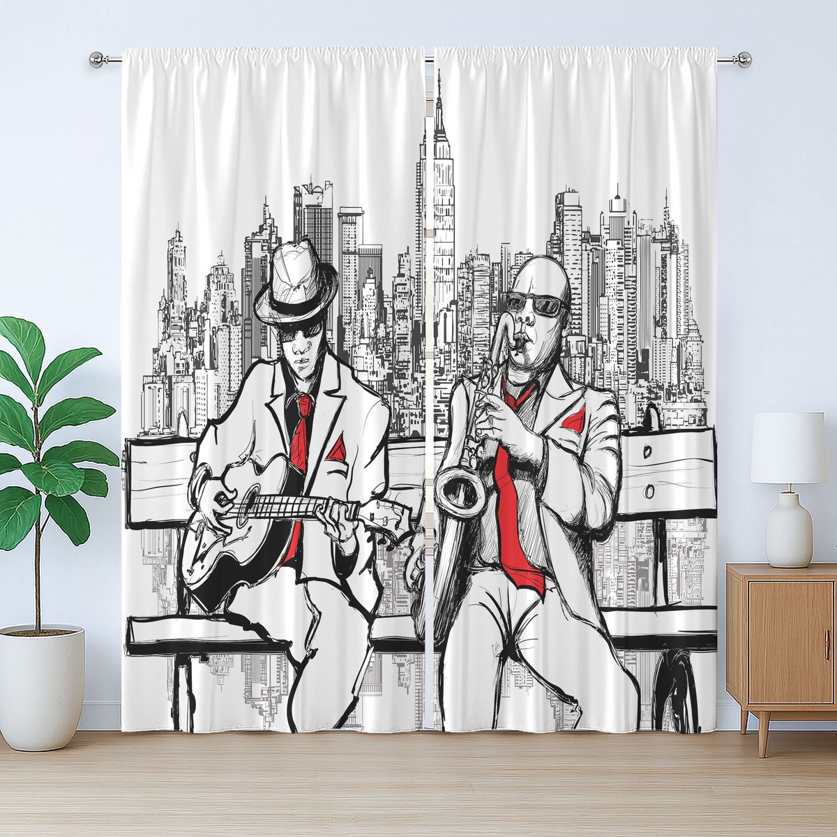 ABAKUHAUS Retro Rustiek Gordijn, Beats in New York Night, Slaapkamergordijn met plooien en haken, 280 x 245 cm, Rood Zwart Ecru