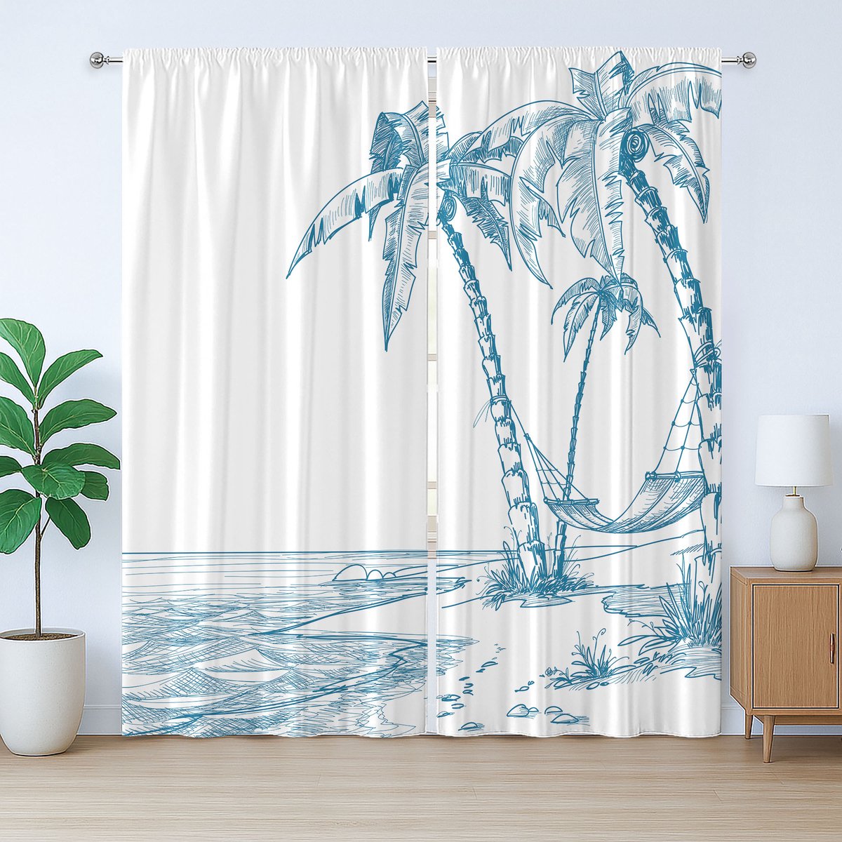 ABAKUHAUS Tropisch rustiek gordijn, palmbomen op het strand, slaapkamergordijn met lussen en haken, 280 x 225 cm, blauw wit