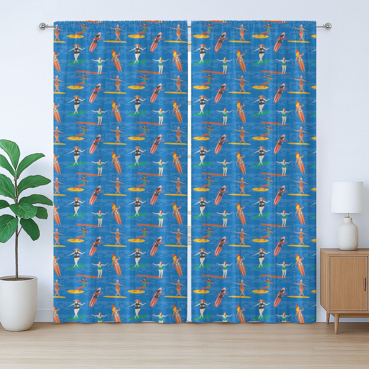 ABAKUHAUS Rustiek gordijn met surfmotief, vrouwelijke surfers in bikini, Gordijn met plooien en haken, 280 x 245 cm, bruin, blauw, mosterdgeel