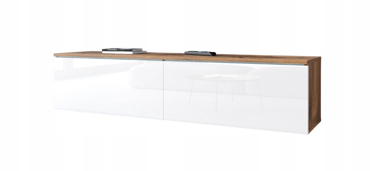 Modern TV-meubel - 140 cm breed - Wotan Eiken & Wit Hoogglans - Inclusief LED - Zwevend of Staand