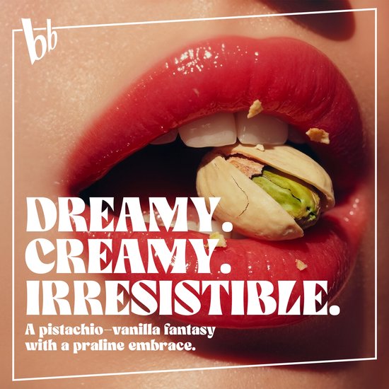Rode lippen met een pistachenoot, met de tekst "DREAMY. CREAMY. IRRESISTIBLE.".