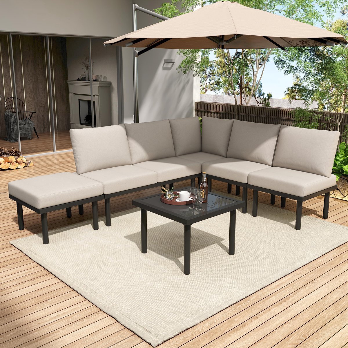 STILVORA Loungestoelset 6 Delig - Met Salontafel En Kussens - Verstelbare Poten - Olefin En Verzinkt Ijzer - Beige