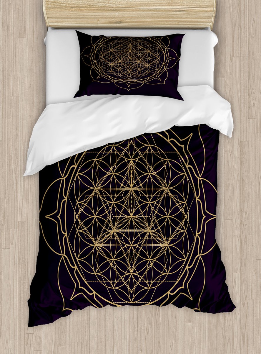ABAKUHAUS Mandala Dekbedovertrekset voor eenpersoonsbedden, Monochroom Levensbloem, inclusief kussensloop, 130 x 200 cm