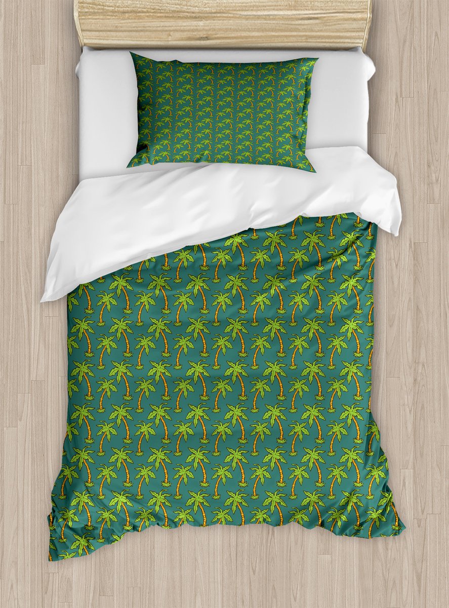 ABAKUHAUS Dekbedovertrekset met palmboommotief voor eenpersoonsbedden, botanisch palmontwerp in jaren 90-stijl, inclusief kussensloop, 130 x 200 cm