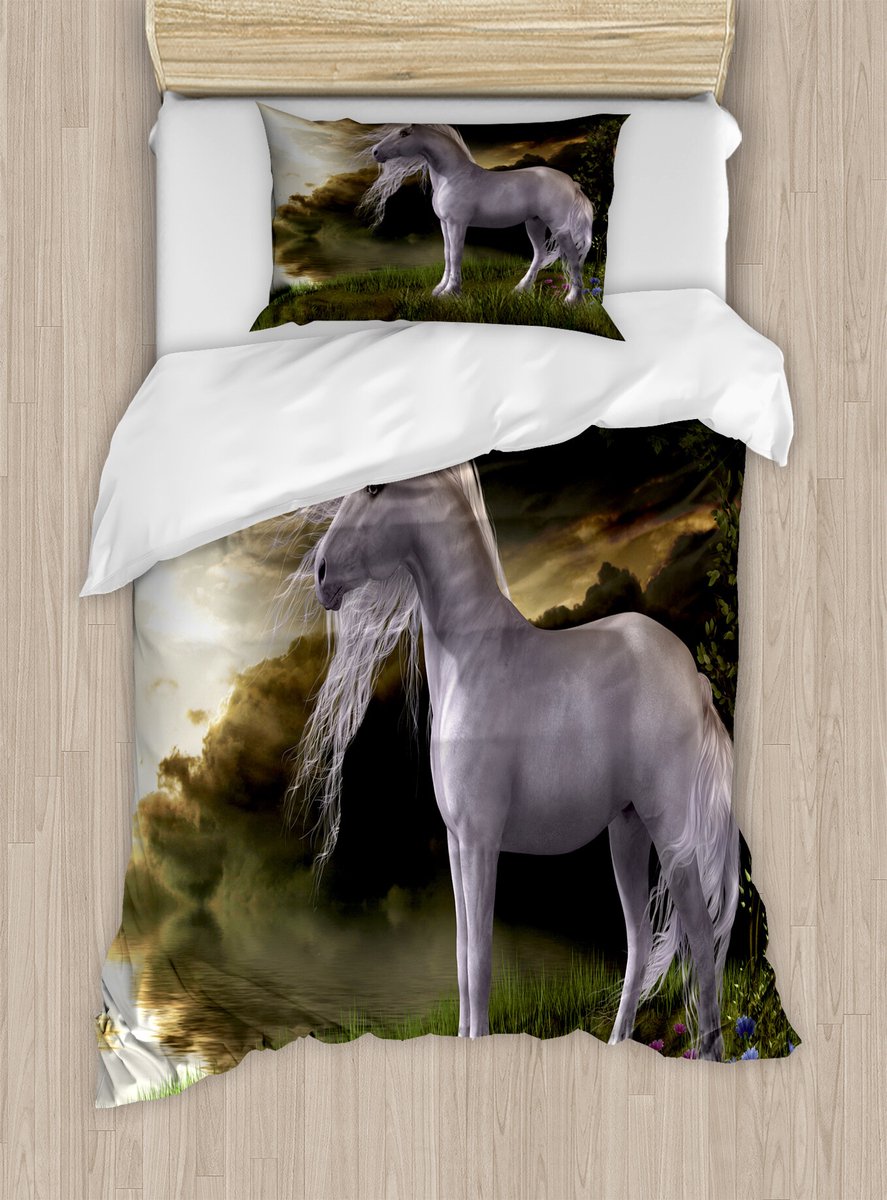 ABAKUHAUS Eenhoorn Dekbedovertrekset voor eenpersoonsbedden, Paard dat naar de zonsondergang kijkt, inclusief kussensloop, 130 x 200 cm