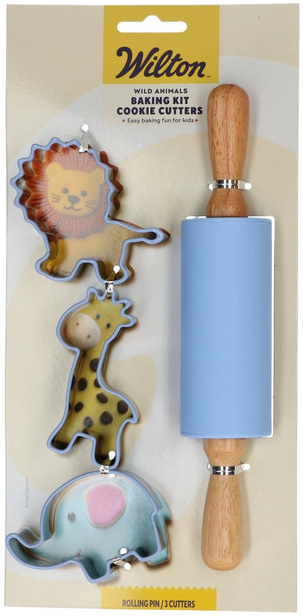 Wilton Baking Kit Koekjesuitstekers - Wilde Dieren - Set/4 - 3 Uitsteekvormpjes - Deegroller
