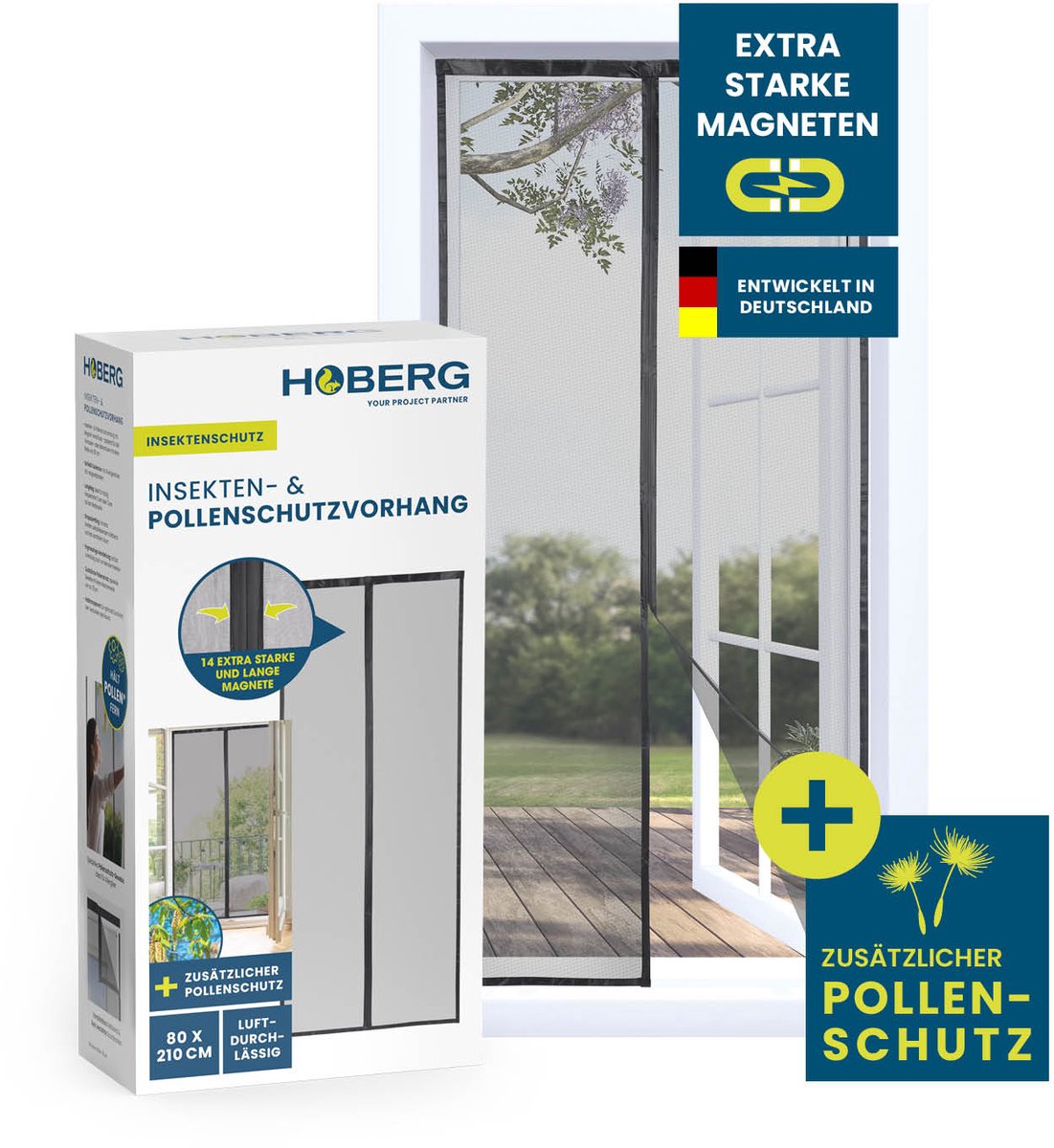 HOBERG insecten- en pollenwerend gordijn | Hordeur met XXL-magneetbanden | Insectenwering voor balkondeur | Pollenwerend gaas – ook ideaal als vliegenhor | 80 x 210 cm